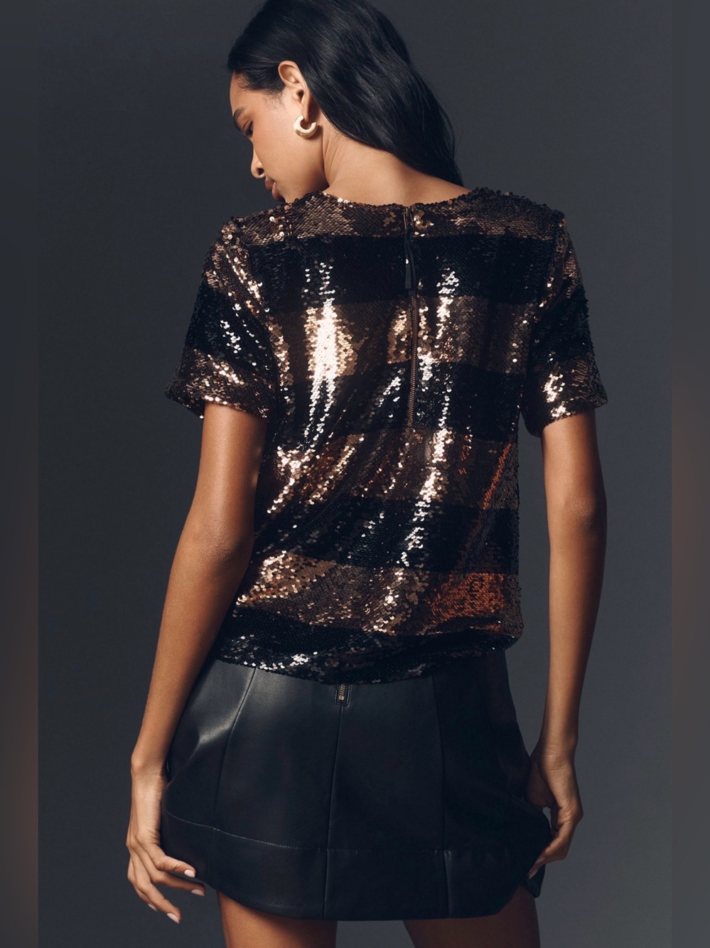 Anthropologie Maeve Sequin Striped Top Womens XS Petite Rose Gold Black - Picture 2 of 10